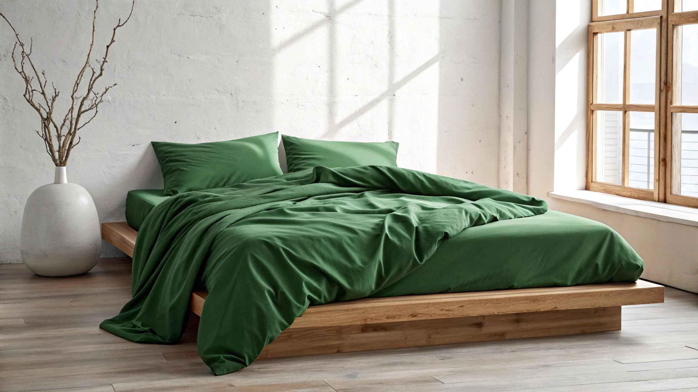 Modern sunlit bedroom with a low wooden platform bed featuring deep green bamboo bedsheets, showcasing the soft texture, breathability, and sustainable appeal of bamboo bedding.