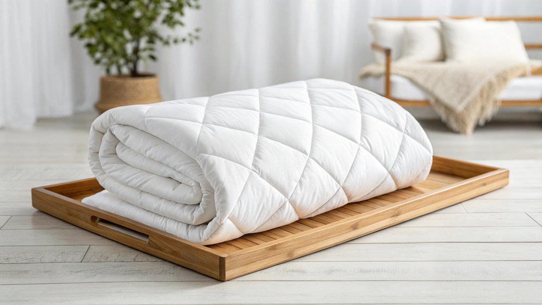 Minimalist bedroom with white bamboo quilted comforter on a wood bed, pampas decor, and natural light from large windows.