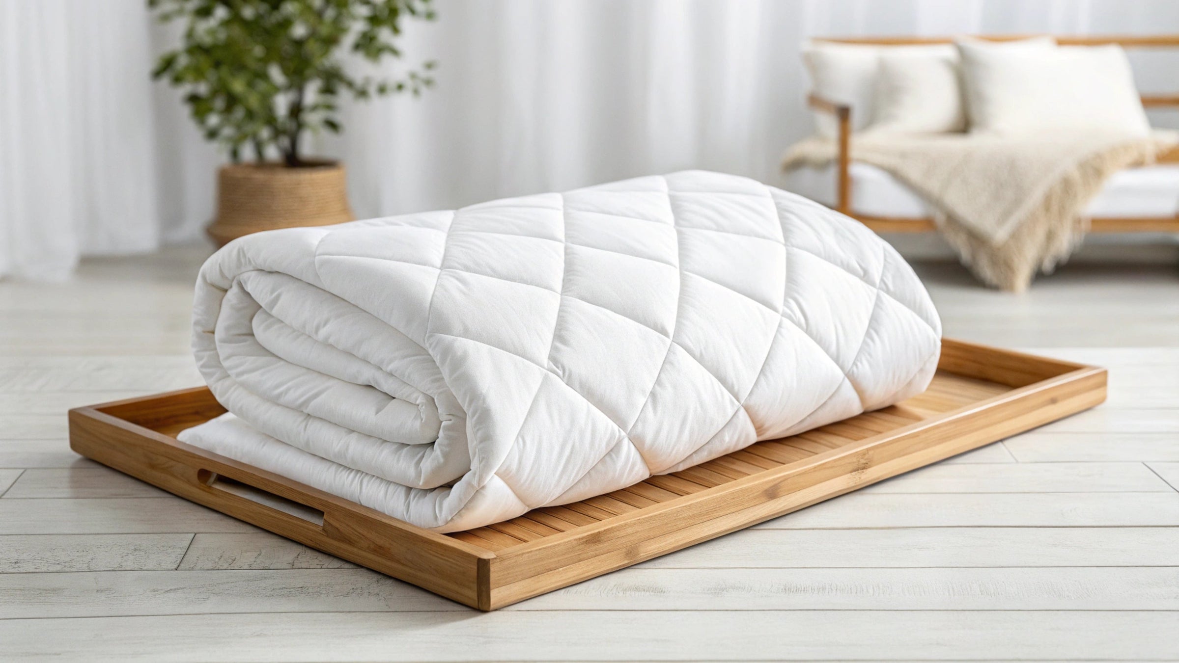 Minimalist bedroom with white bamboo quilted comforter on a wood bed, pampas decor, and natural light from large windows.