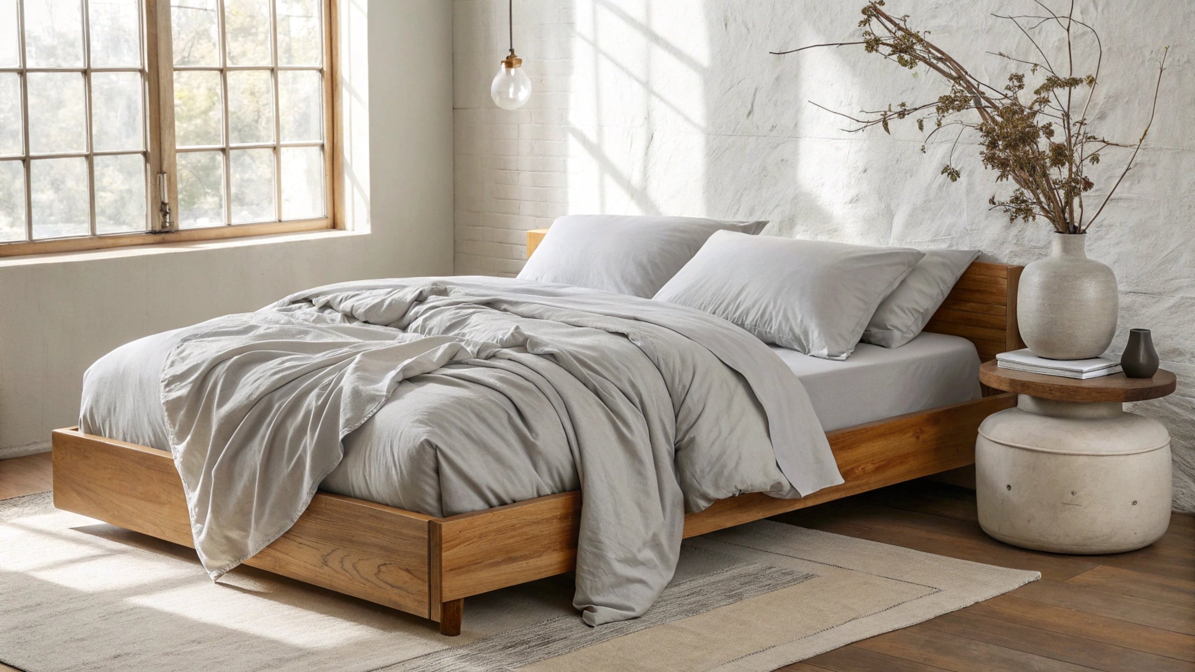 Undone king-size bed with white bamboo duvet cover in a sunlit minimalist room with wooden furniture and soft natural shadows
