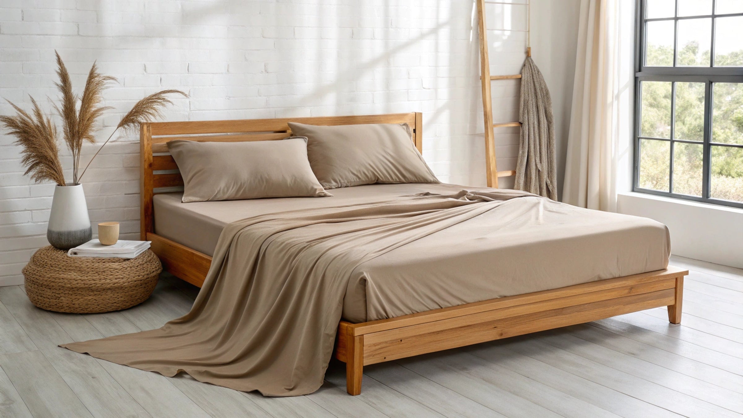 Undone king bed with white cooling bamboo sateen sheets on a natural wood frame, styled in a sunlit minimalist room with plants and soft shadows