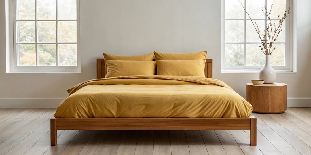 Modern bedroom with mustard copper infused bed sheets and pillowcases on a wooden bed frame – antibacterial, hypoallergenic bedding
