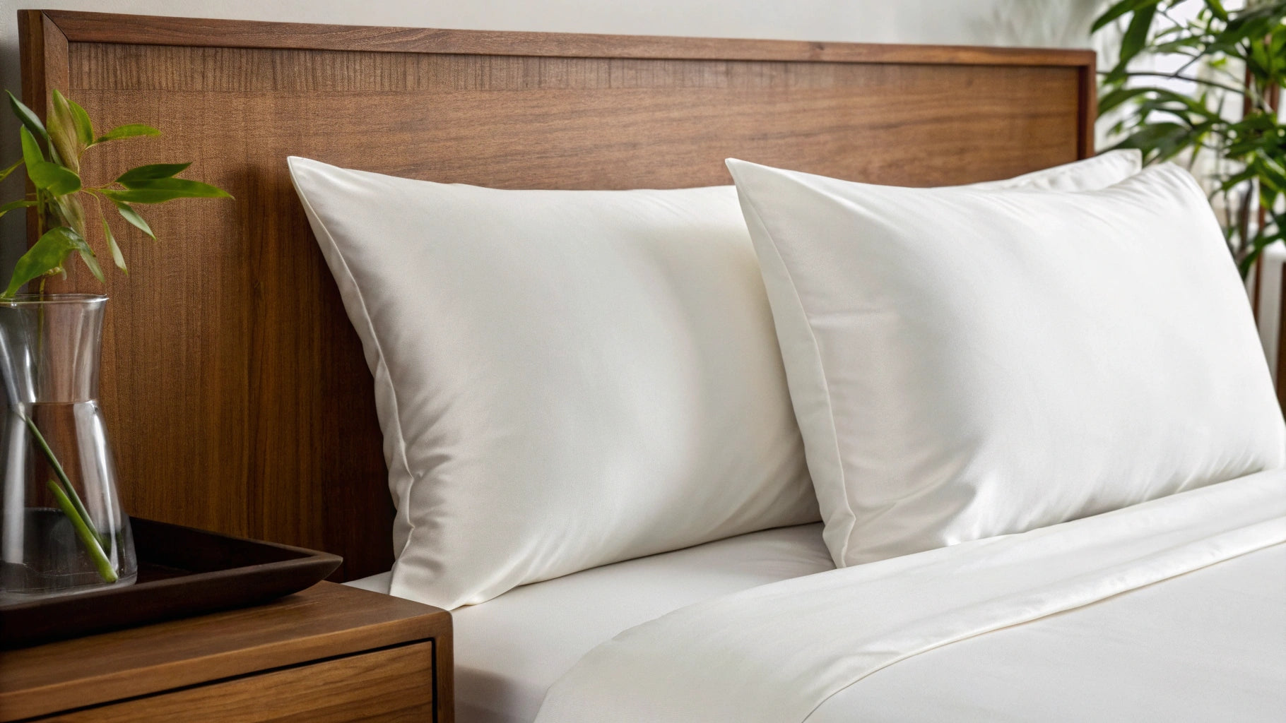 White bamboo pillows and sheets neatly arranged on a bed with a wooden headboard, next to a nightstand with a glass vase and green plant.