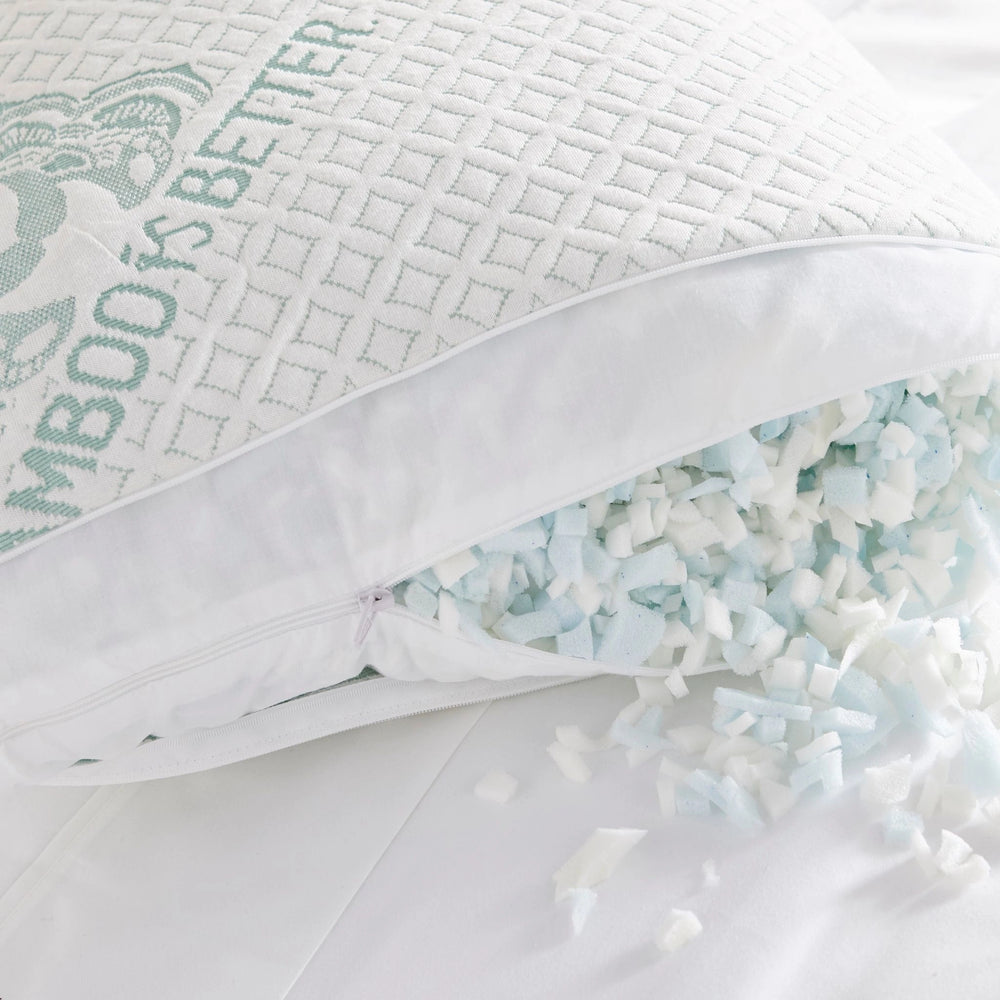 Inside view of bamboo queen pillow showing shredded memory foam fillingInside view of bamboo queen pillow showing shredded memory foam filling