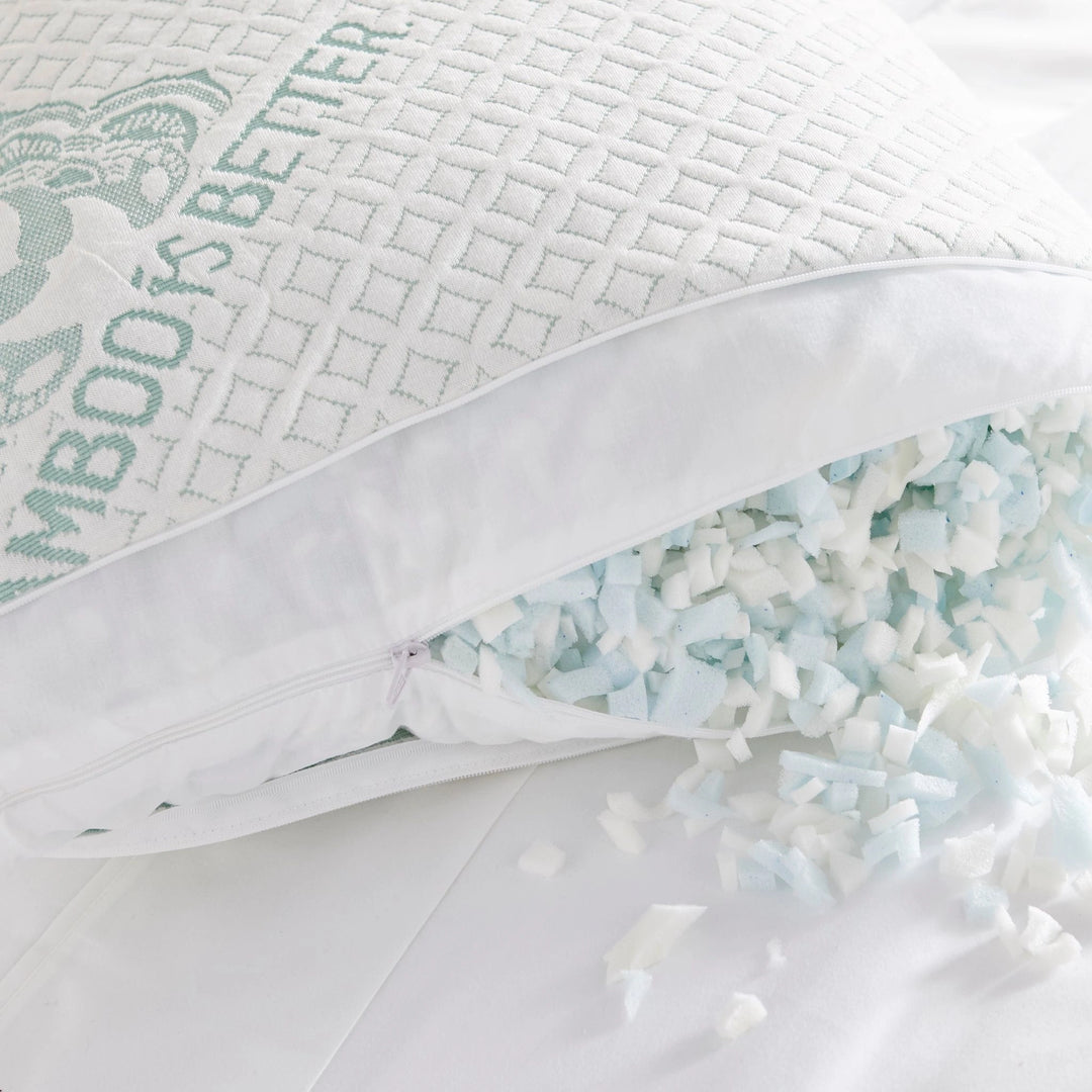 Inside view of bamboo queen pillow showing shredded memory foam fillingInside view of bamboo queen pillow showing shredded memory foam filling