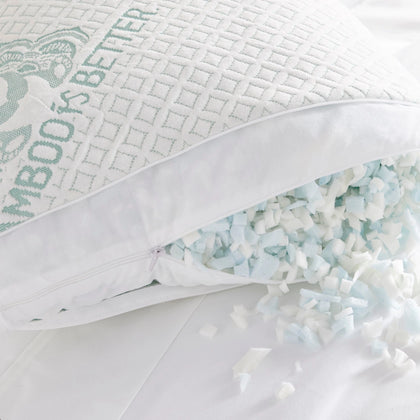 Inside view of bamboo queen pillow showing shredded memory foam fillingInside view of bamboo queen pillow showing shredded memory foam filling