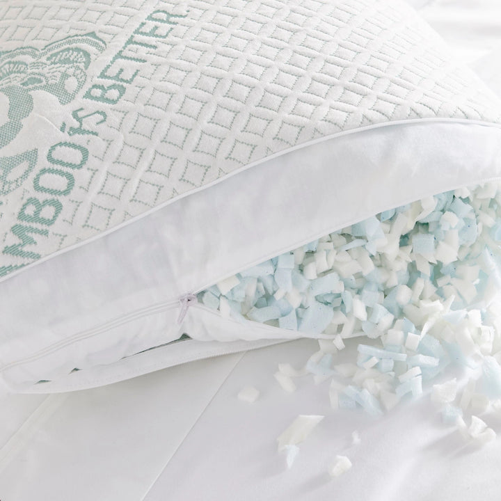 Inside view of bamboo queen pillow showing shredded memory foam fillingInside view of bamboo queen pillow showing shredded memory foam filling