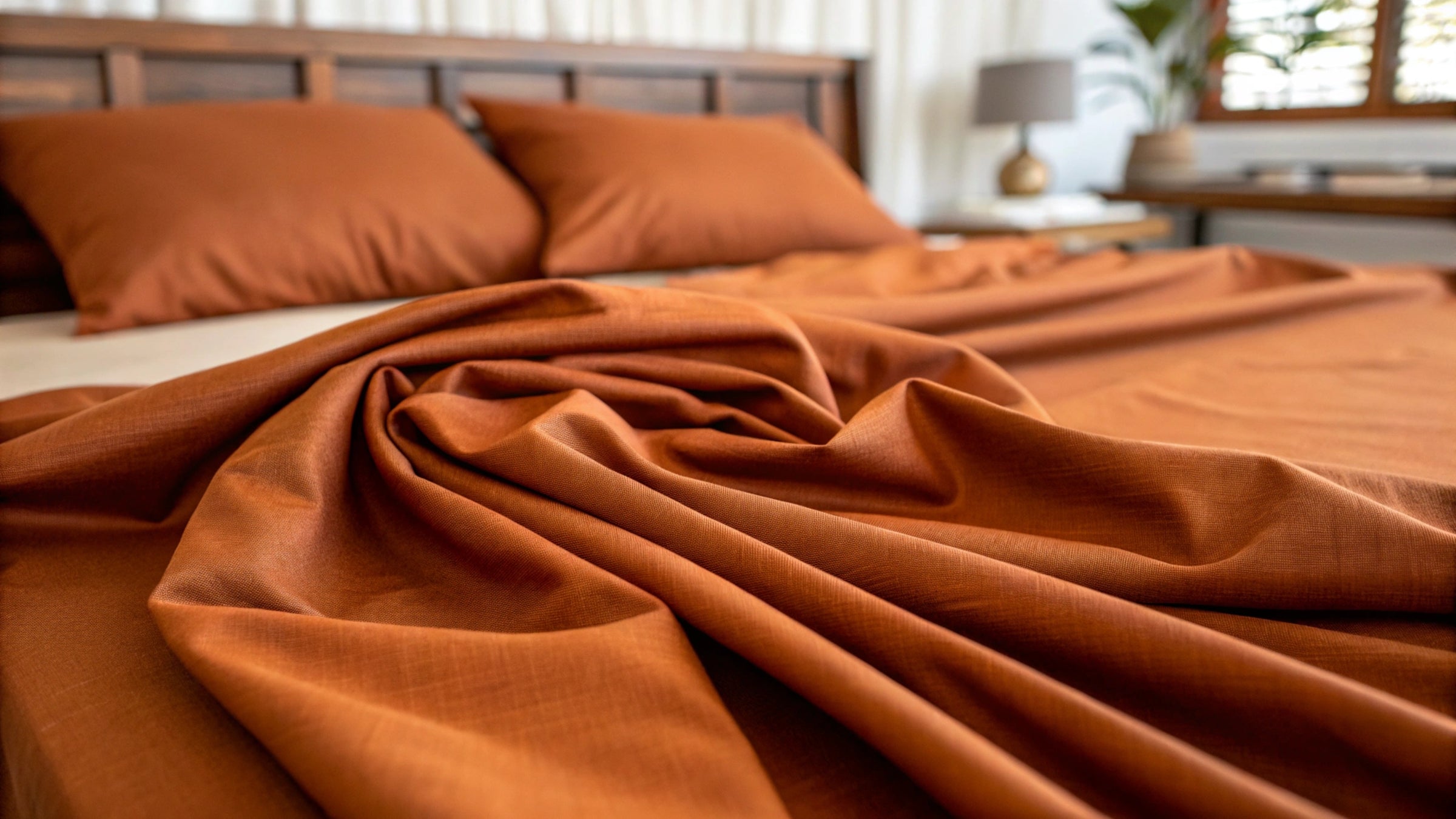 Copper-infused bamboo sheets in a rich rust color, shown with soft folds and texture.