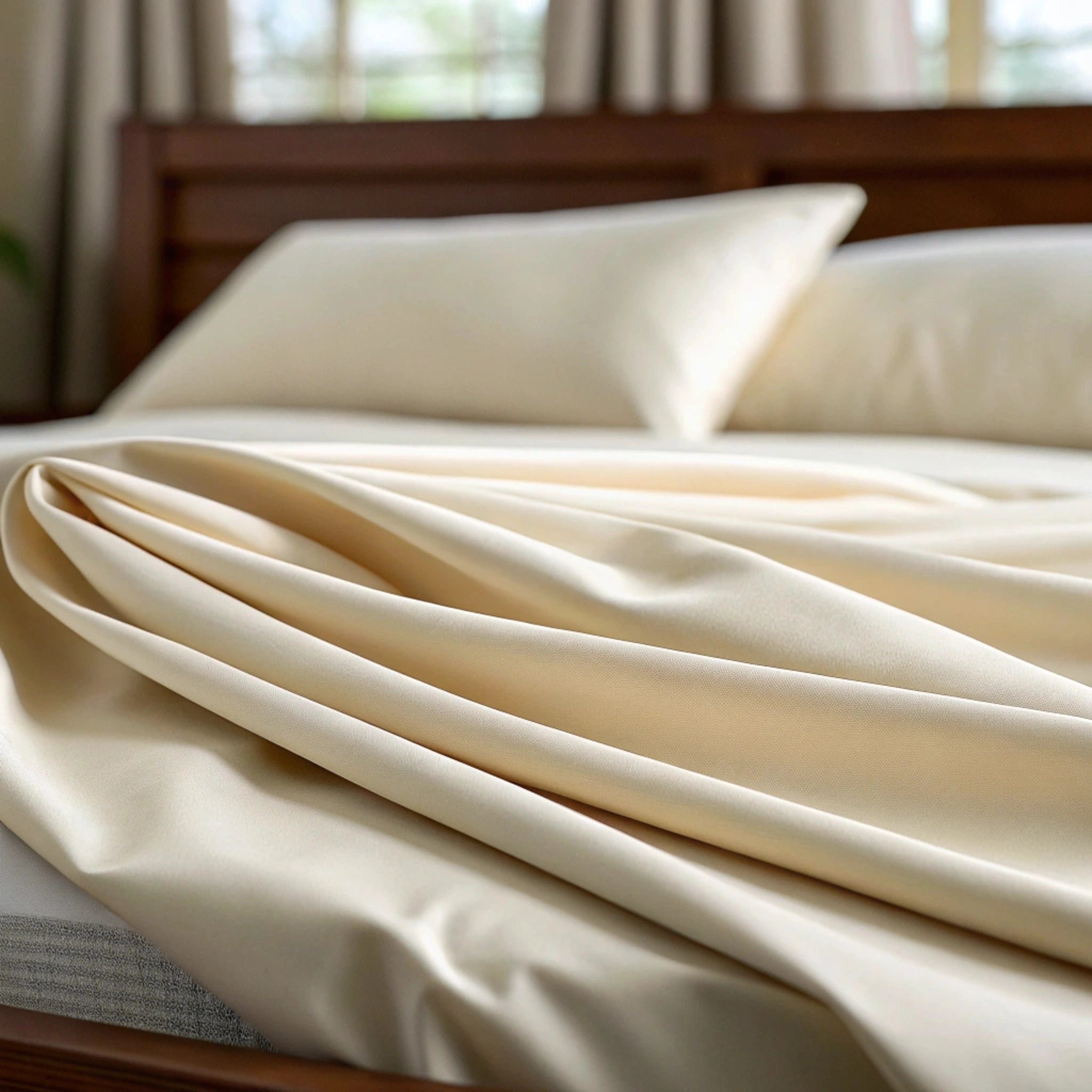 Close-up view of soft summer sand bamboo fabric showcasing the smooth weave and natural sheen of the material.