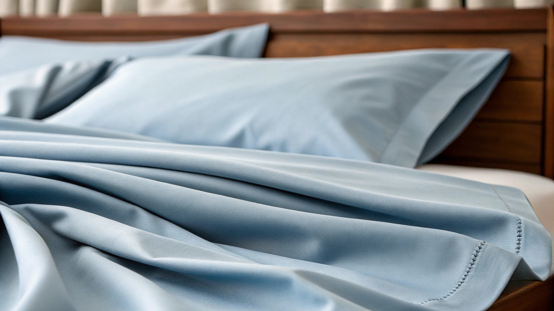 Close-up of soft dusty blue fabric showcasing intricate texture and subtle color, perfect for premium textile items.