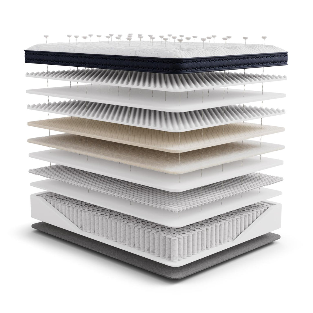 Cross-section of the Generations 2.0 Luxe Hand-Tufted Latex Hybrid Mattress showing layered construction of Tencel cover, natural latex, organic wool, micro coils, and individually wrapped coils for breathable support