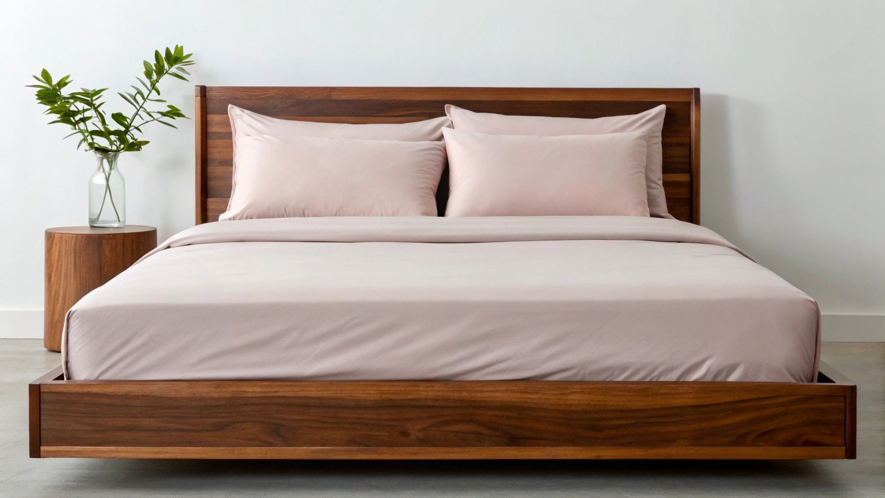 Mauve-colored bedding shot from the right-hand side of the bed, showcasing the soft texture and elegant hue for a stylish bedroom aesthetic
