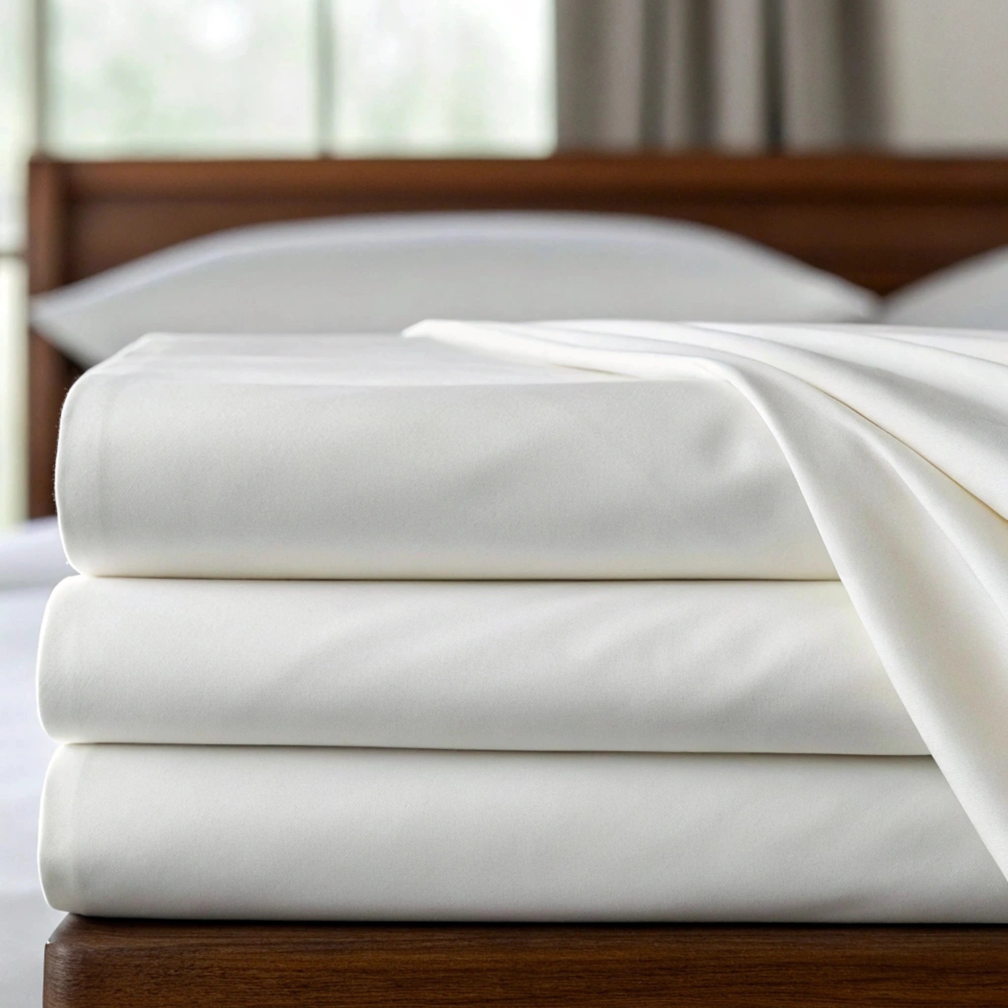 Close-up of white bamboo sheets softly draped, highlighting their natural breathability and moisture-wicking properties. The blurred walnut bed frame in the background adds warmth, emphasizing a clean, healthy, and luxurious sleep environment.