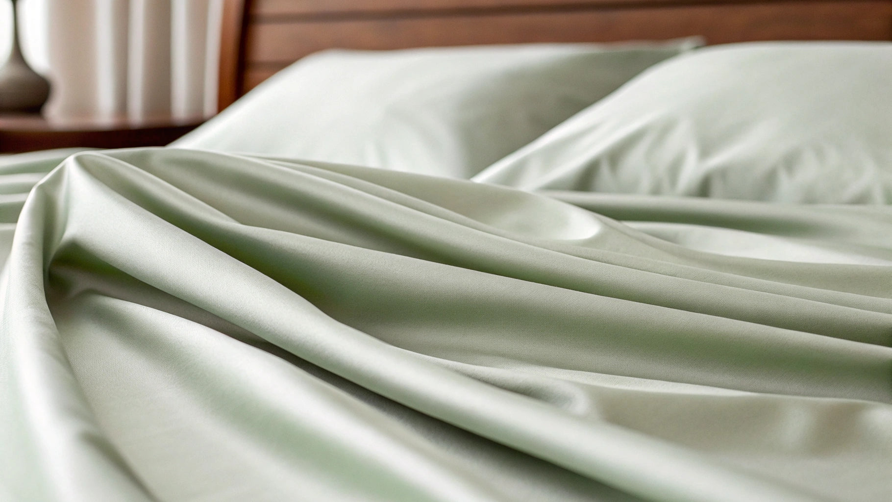 Close-up view of sage premium bamboo fabric, highlighting its smooth texture and eco-friendly qualities for luxurious bedding products.