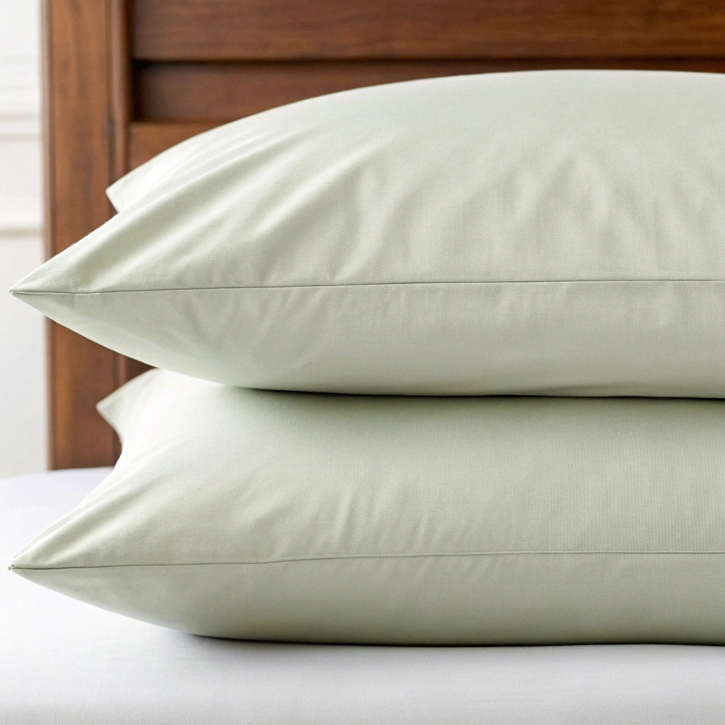 Stacked premium sage bamboo pillowcases, highlighting their soft texture and eco-friendly material for a luxurious and sustainable bedding experience