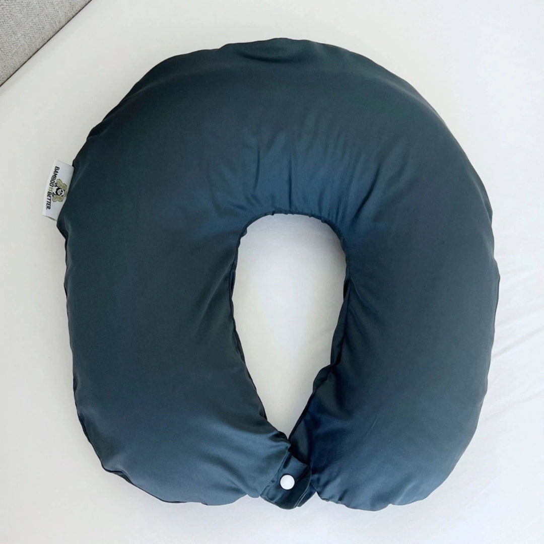 Slate blue travel pillowcase made from soft, breathable fabric, designed for compact comfort and easy portability