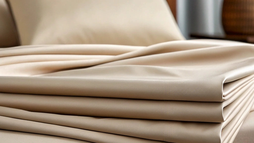 Detailed close-up of elegant taupe fabric, highlighting its smooth texture and neutral tones for high-end textile products.