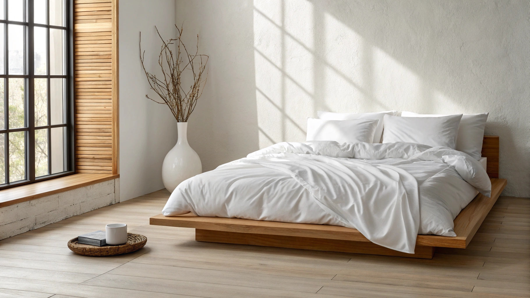 Side view of a white premium duvet from a slightly elevated angle, bathed in soft sunlight, showcasing its plush texture and high-quality fabric.