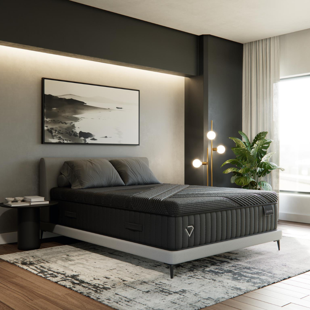 Black Diamond Mattress paired with the BedTech BT3000 Adjustable Base in a modern bedroom, showcasing sleek design and luxury comfort.