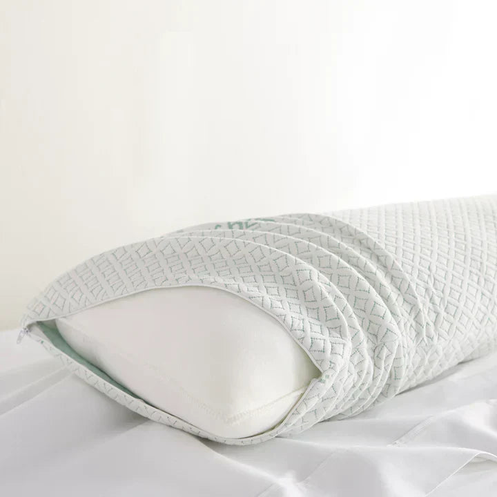 Close-up of a bamboo body pillow and its cooling pillowcase.