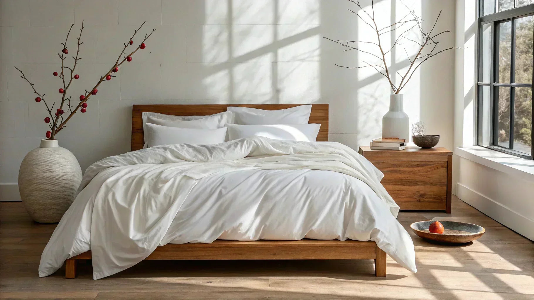Minimalist California-style bedroom featuring a low-profile wooden bed frame with white bamboo bedding, large windows with natural light, and neutral modern decor.
