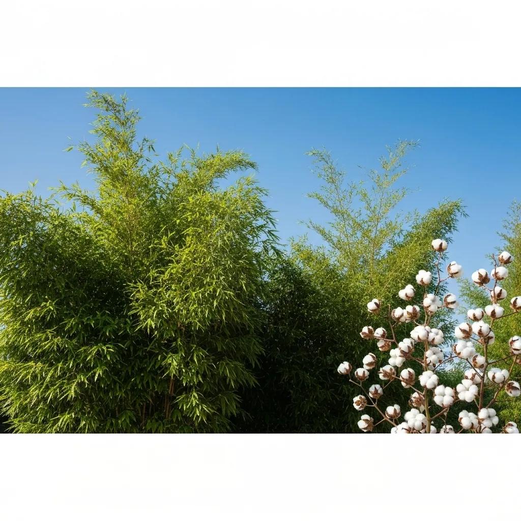 Bamboo plants growing beside cotton plants under a clear blue sky, illustrating the natural origins of bamboo and cotton fabrics.