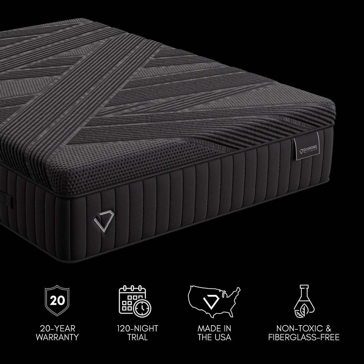 Black Diamond Hybrid Mattress with warranty and safety icons, showcasing its luxury design, cooling performance, and USA craftsmanship.