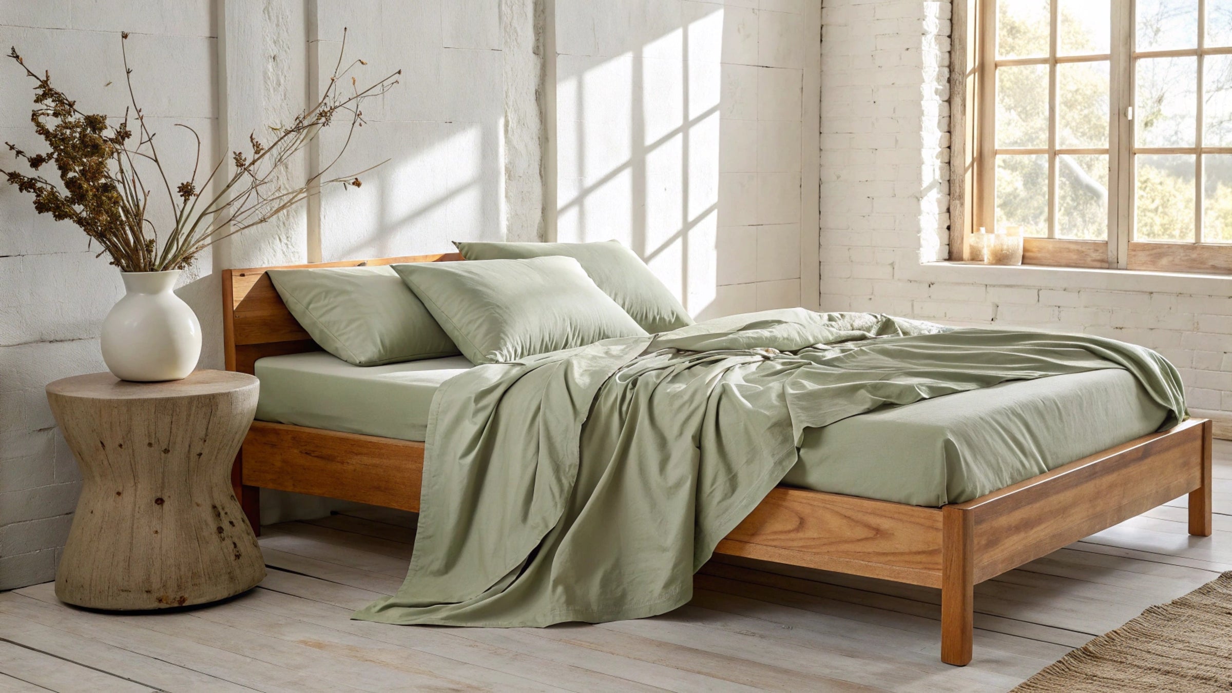 Minimalist bedroom with natural light featuring a sage green premium bamboo viscose sheet set draped over a wooden platform bed, styled with matching pillows and a side table holding a white ceramic vase with dried florals.