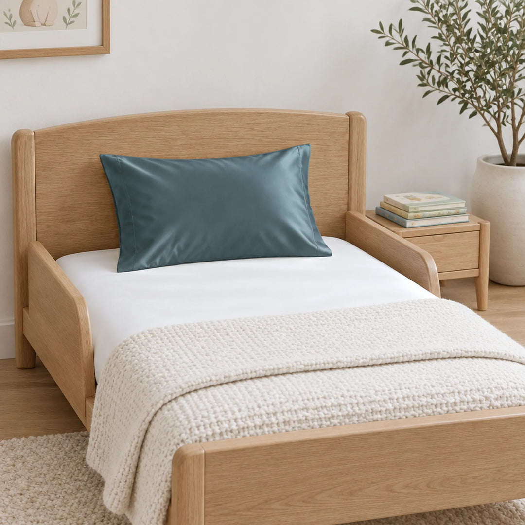 Slate cooling bamboo viscose toddler pillowcase on a light-oak toddler bed