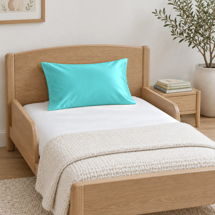 Tiffany blue cooling bamboo viscose toddler pillowcase on a light-oak toddler bed