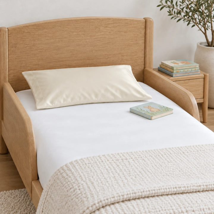 Ivory bamboo viscose sateen toddler pillowcase, close-up