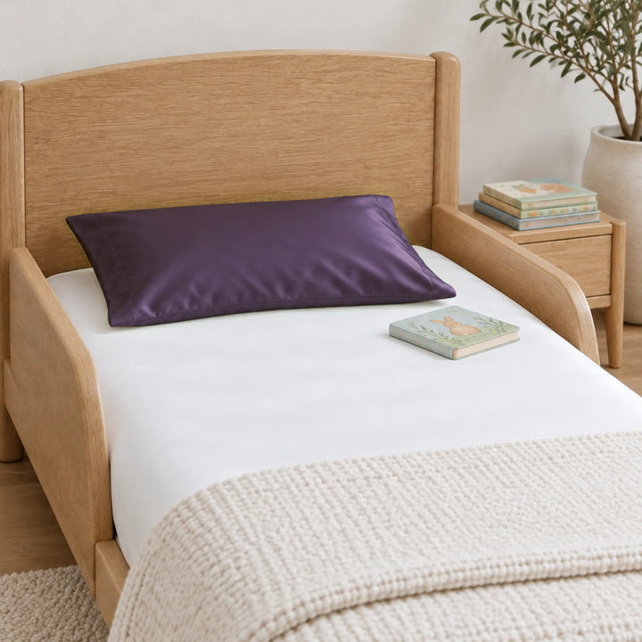 Royal purple bamboo viscose sateen toddler pillowcase, close-up
