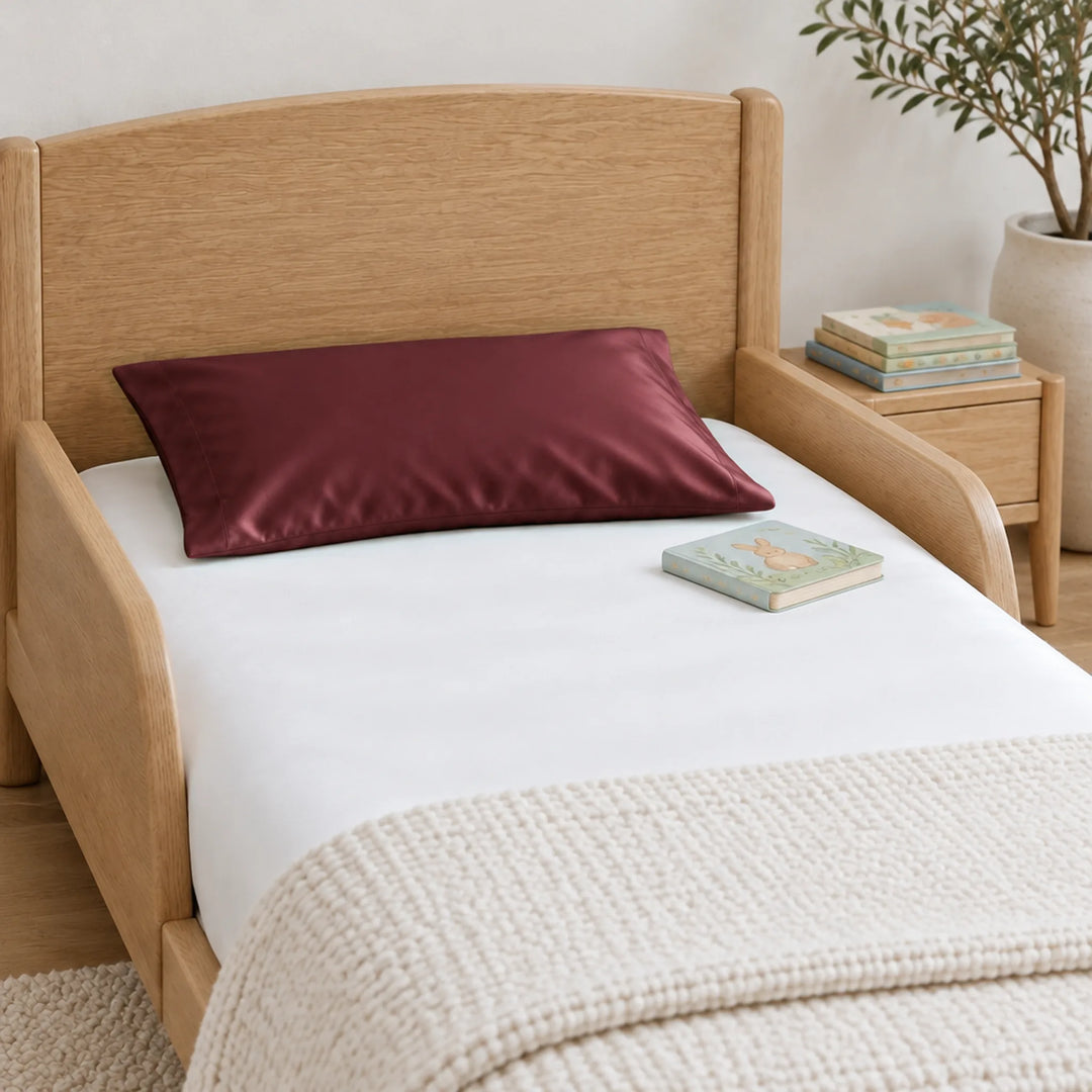 Ruby red bamboo viscose sateen toddler pillowcase, close-up
