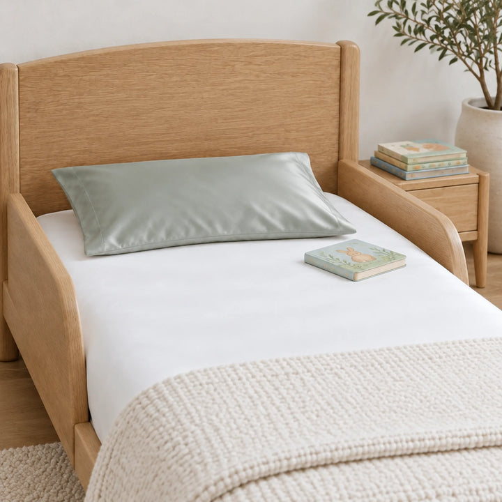 Silver bamboo viscose sateen toddler pillowcase, close-up