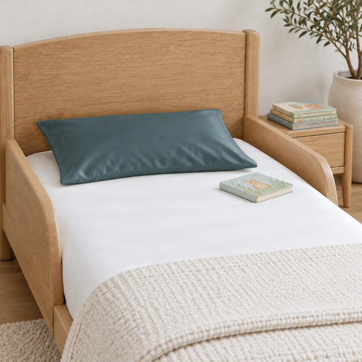 Slate bamboo viscose sateen toddler pillowcase, close-up