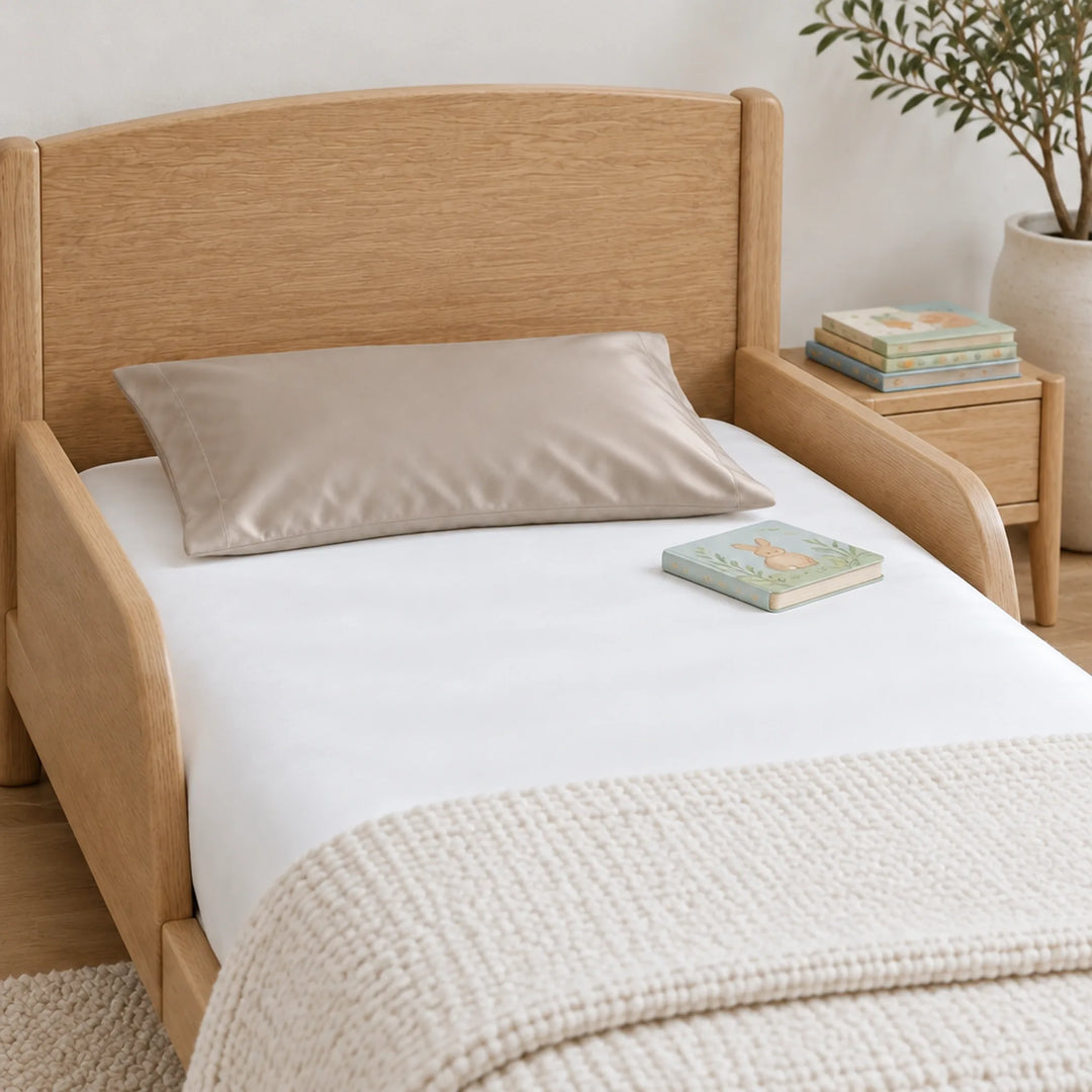 Taupe bamboo viscose sateen toddler pillowcase, close-up