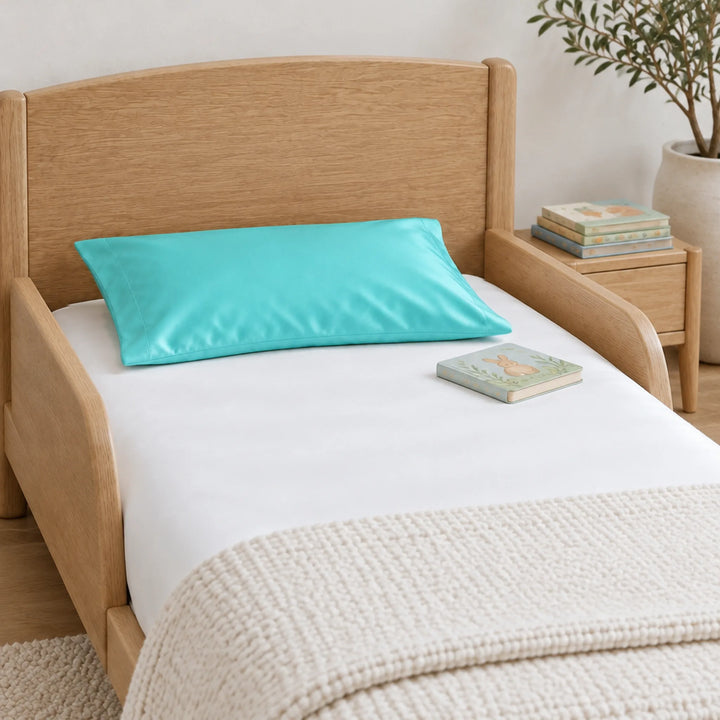 Tiffany blue bamboo viscose sateen toddler pillowcase, close-up