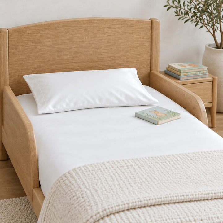 White bamboo viscose sateen toddler pillowcase, close-up