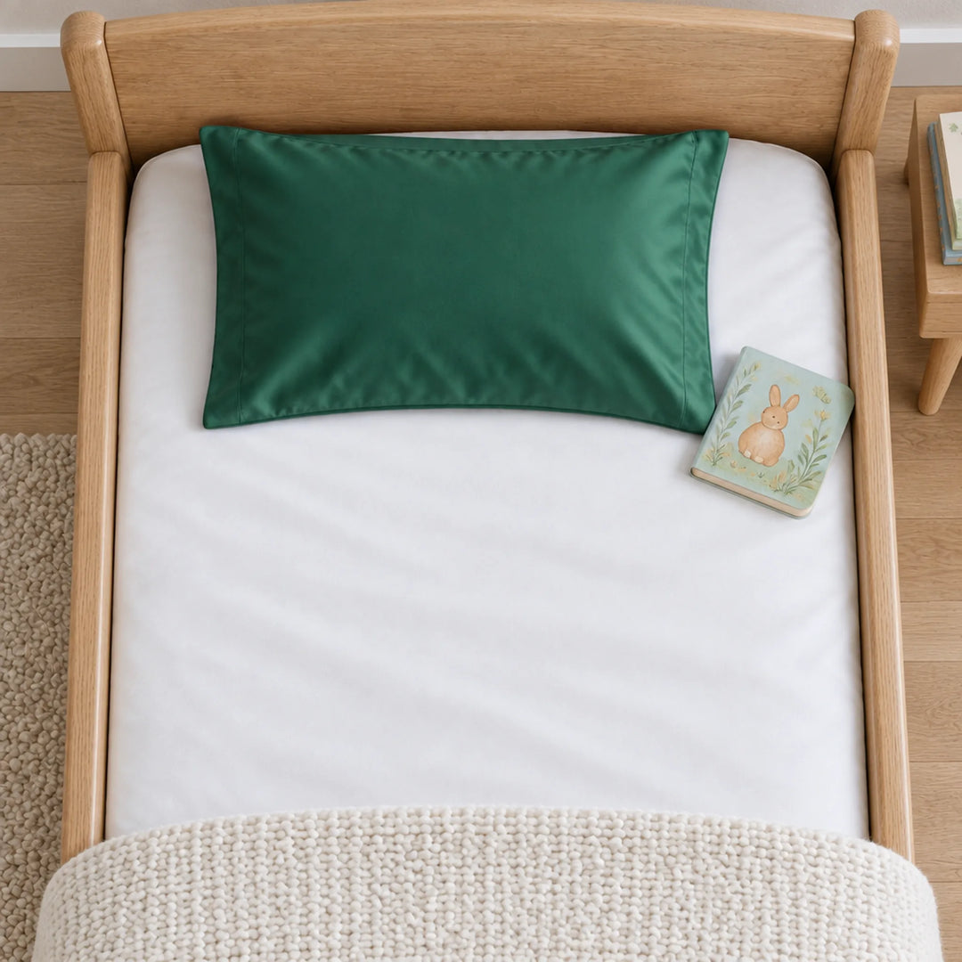 Overhead view of an emerald green bamboo viscose toddler pillowcase on a toddler bed, with a board book for scale