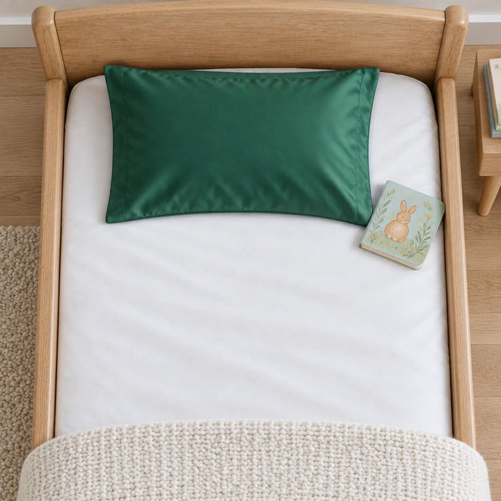 Overhead view of an emerald green bamboo viscose toddler pillowcase on a toddler bed, with a board book for scale