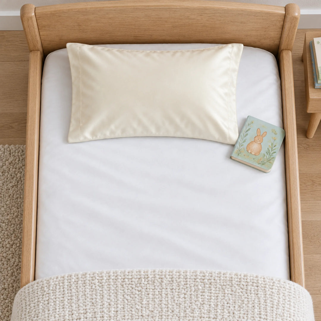 Overhead view of an ivory bamboo viscose toddler pillowcase on a toddler bed, with a board book for scale