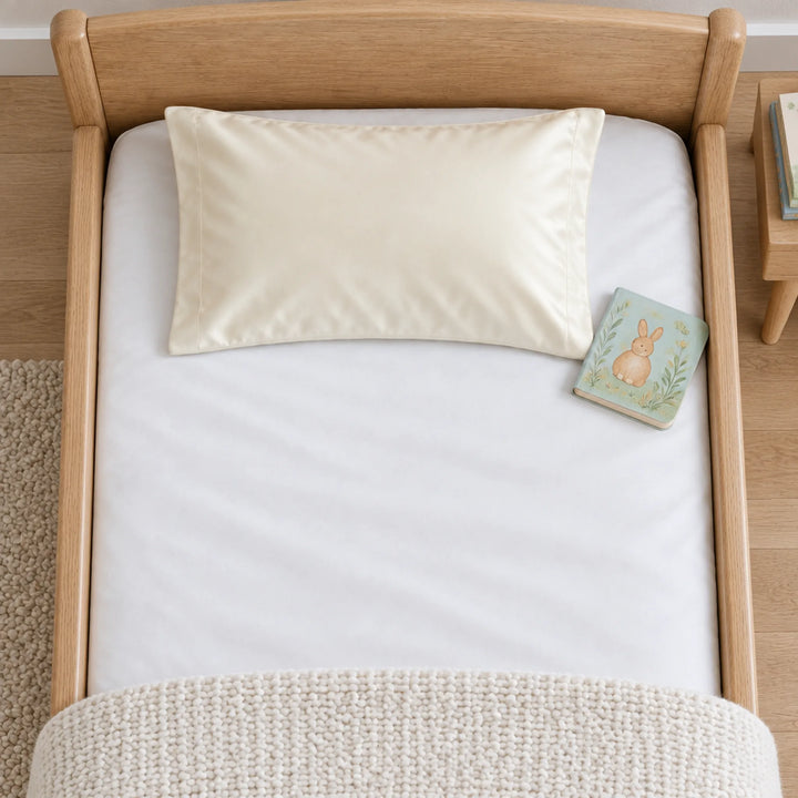 Overhead view of an ivory bamboo viscose toddler pillowcase on a toddler bed, with a board book for scale