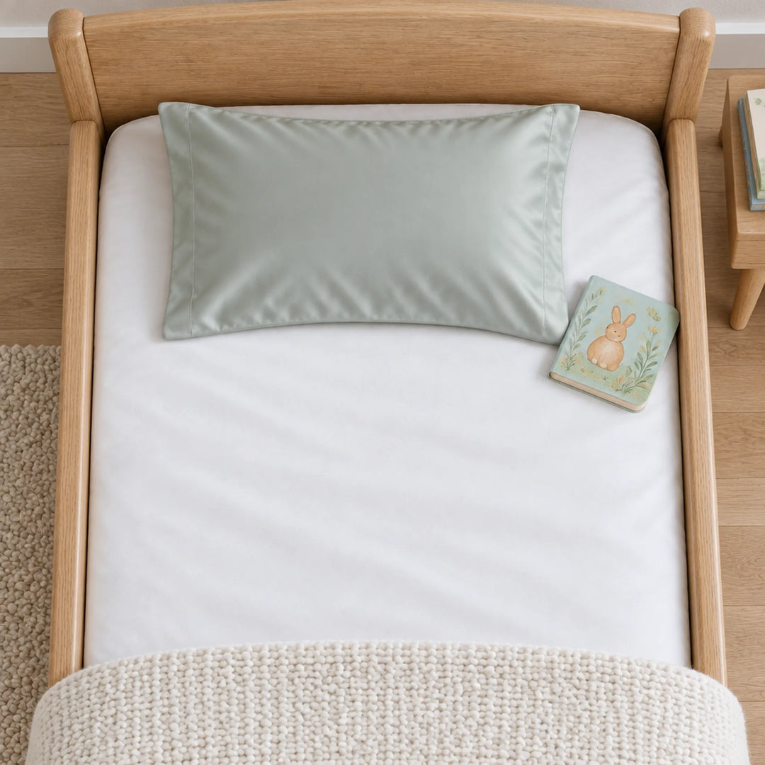 Overhead view of a silver bamboo viscose toddler pillowcase on a toddler bed, with a board book for scale