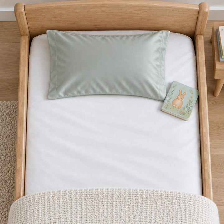 Overhead view of a silver bamboo viscose toddler pillowcase on a toddler bed, with a board book for scale