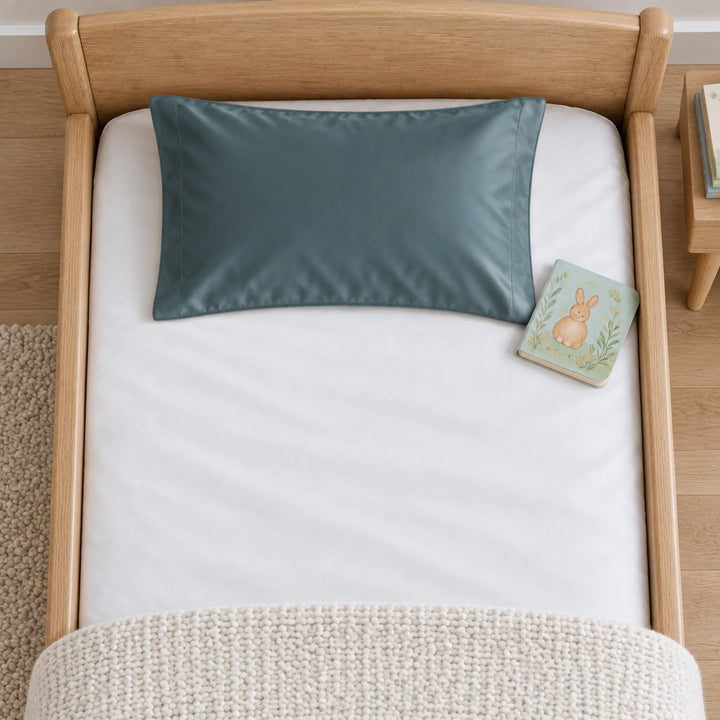 Overhead view of a slate bamboo viscose toddler pillowcase on a toddler bed, with a board book for scale