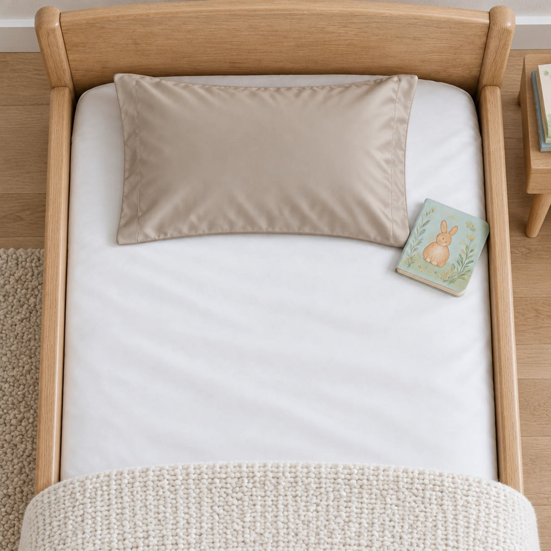Overhead view of a taupe bamboo viscose toddler pillowcase on a toddler bed, with a board book for scale