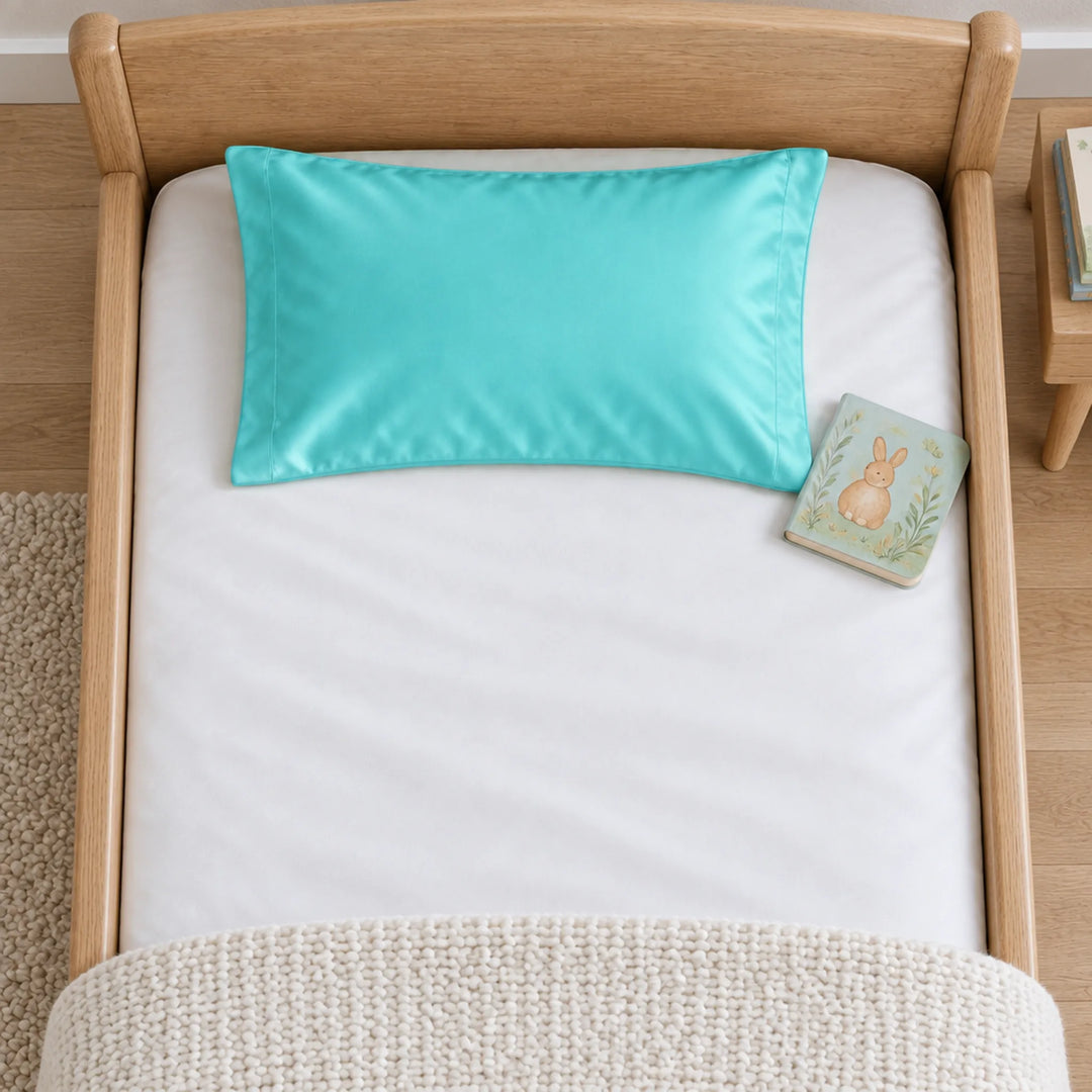 Overhead view of a Tiffany blue bamboo viscose toddler pillowcase on a toddler bed, with a board book for scale