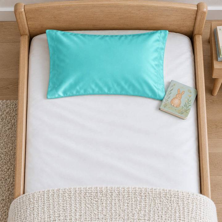 Overhead view of a Tiffany blue bamboo viscose toddler pillowcase on a toddler bed, with a board book for scale