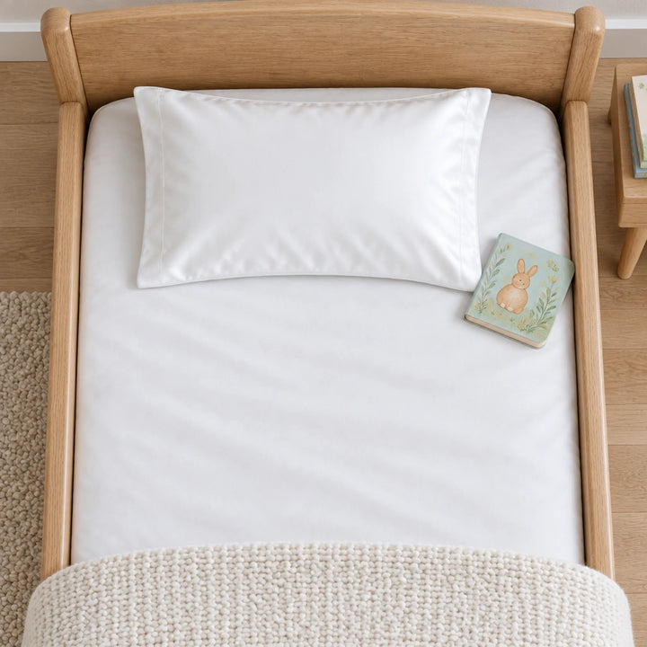 Overhead view of a white bamboo viscose toddler pillowcase on a toddler bed, with a board book for scale