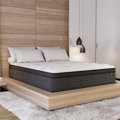 Queen size Gilded Cooling Gel Hybrid Mattress — foot-of-bed view showing 12-inch profile and dark gray base
